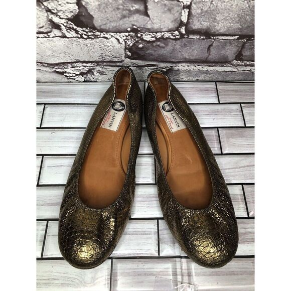 Lanvin Paris Gold Metallic Leather Snake Skin Print Ballet Flats Women Sz 39EU/8 - Picture 3 of 16
